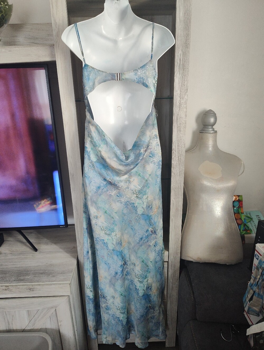Peppermayo Blue Aqua PaisleyWatercolor Slip Dress with High Slit SZ 4, New - Picture 6 of 9